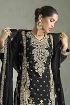Black Chinon Silk Plazo Suit For Indian & Pakistani Wedding Festival - Thread & Sequins Embroidery Work, Print Work