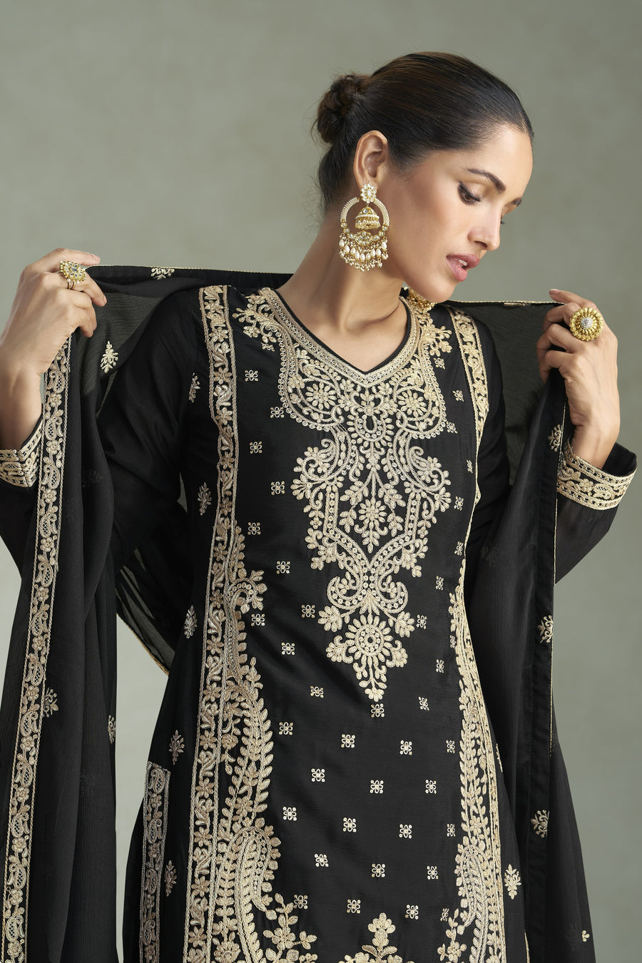 Black Chinon Silk Plazo Suit For Indian & Pakistani Wedding Festival - Thread & Sequins Embroidery Work, Print Work