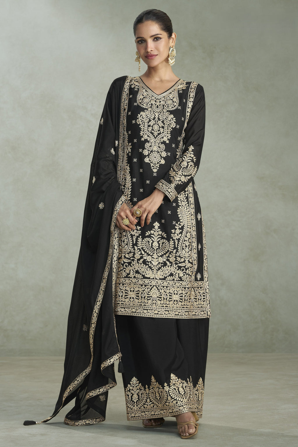 Black Chinon Silk Plazo Suit For Indian & Pakistani Wedding Festival - Thread & Sequins Embroidery Work, Print Work