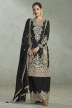 Black Chinon Silk Plazo Suit For Indian & Pakistani Wedding Festival - Thread & Sequins Embroidery Work, Print Work