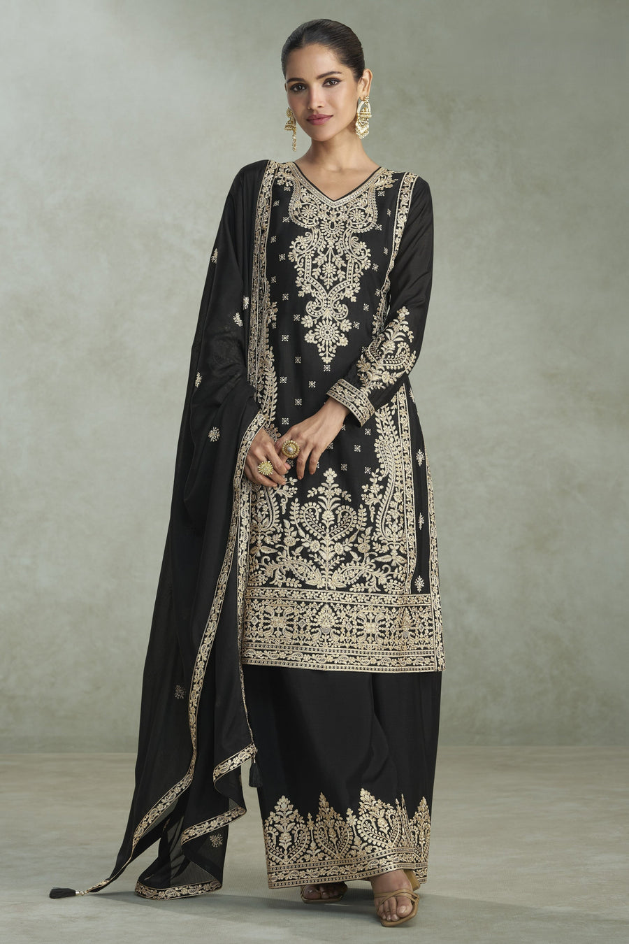 Black Chinon Silk Plazo Suit For Indian & Pakistani Wedding Festival - Thread & Sequins Embroidery Work, Print Work