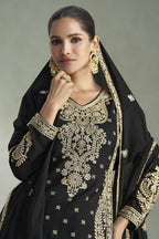 Black Chinon Silk Plazo Suit For Indian & Pakistani Wedding Festival - Thread & Sequins Embroidery Work, Print Work
