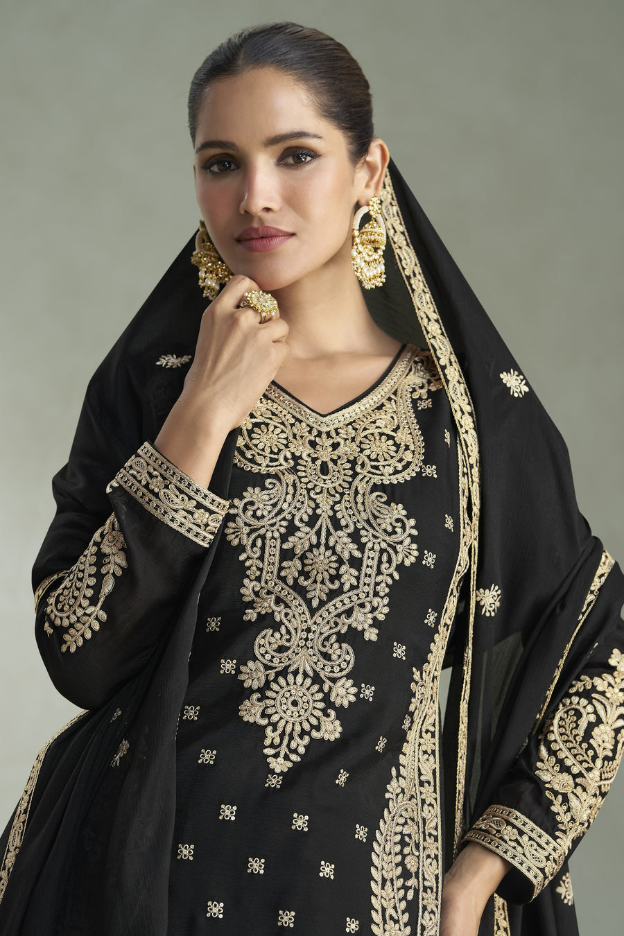 Black Chinon Silk Plazo Suit For Indian & Pakistani Wedding Festival - Thread & Sequins Embroidery Work, Print Work