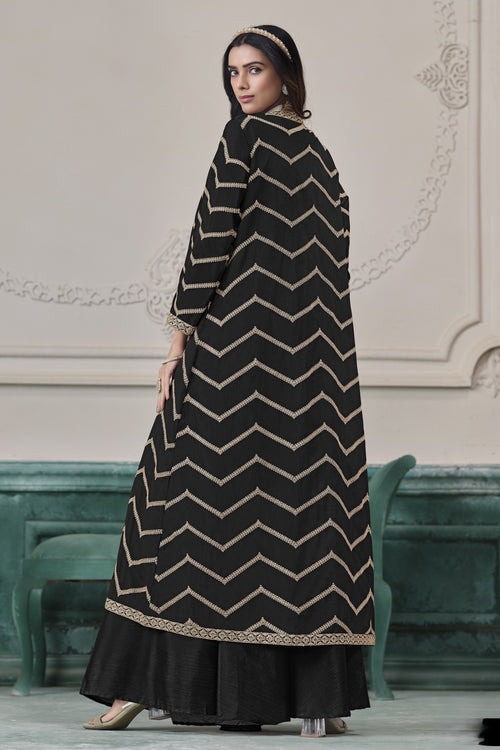 Black Chinon Silk Thread Work Crop Top with Jacket and Palazzo