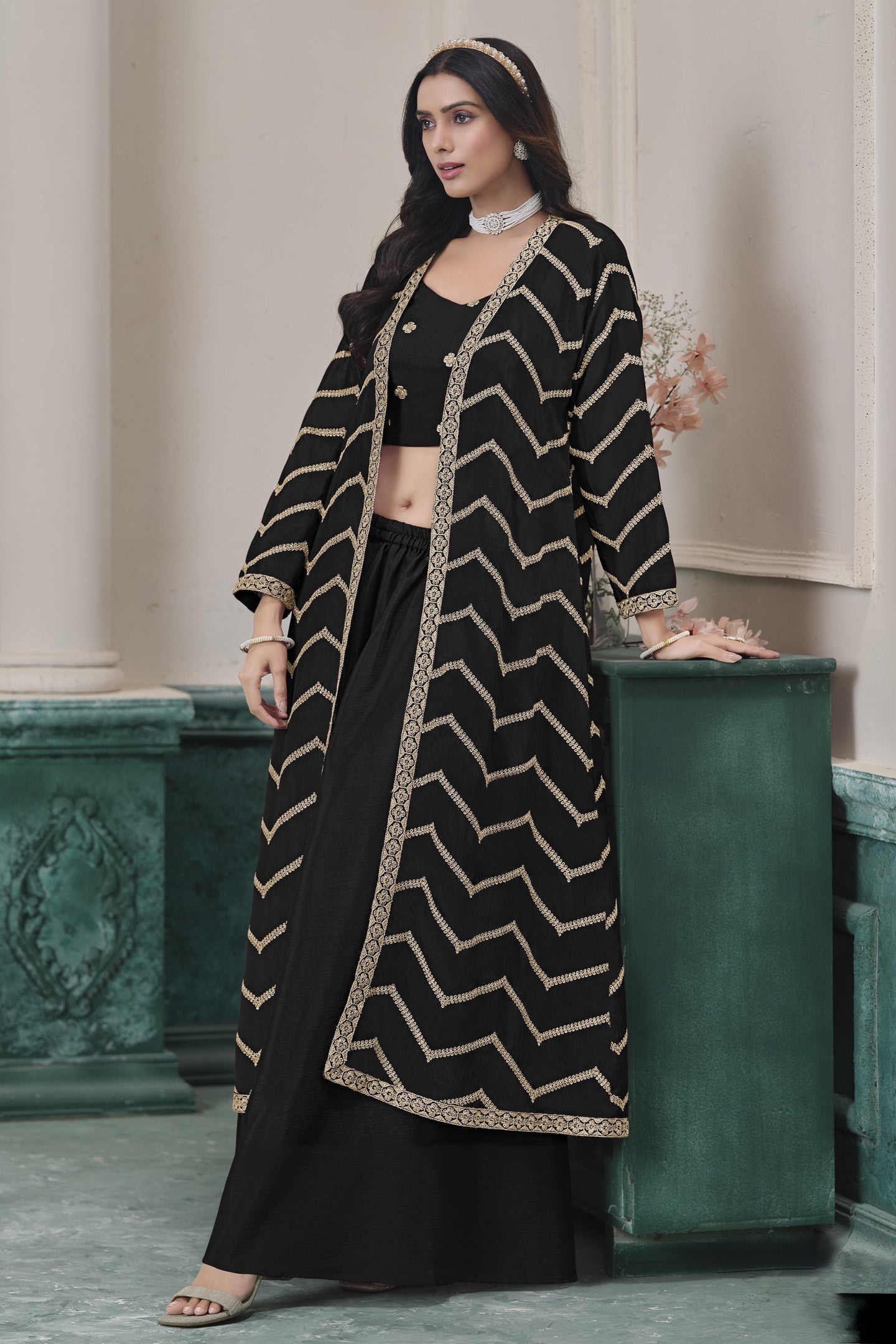 Black Chinon Silk Thread Work Crop Top with Jacket and Palazzo