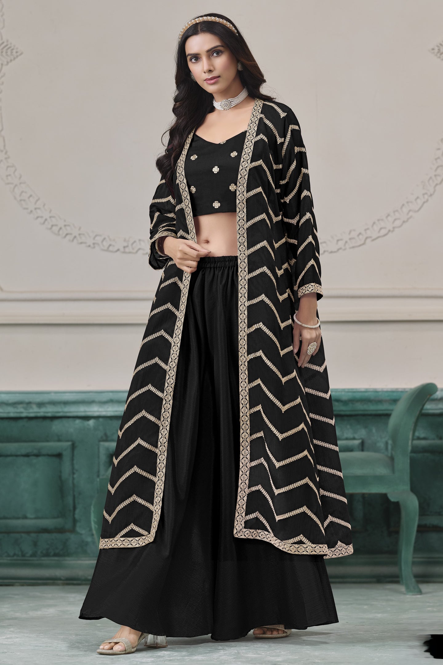 Black Chinon Silk Thread Work Crop Top with Jacket and Palazzo