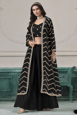 Black Chinon Silk Thread Work Crop Top with Jacket and Palazzo