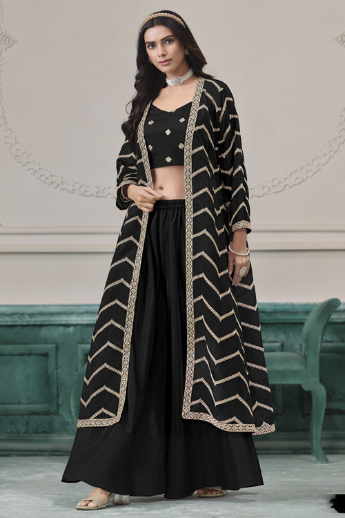 Black Chinon Silk Thread Work Crop Top with Jacket and Palazzo