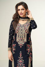 Black Chinon Silk Designer Embroidered Palazzo Suits for Wedding with Thread and Sequins Work