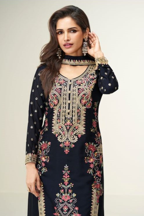 Black Chinon Silk Designer Embroidered Palazzo Suits for Wedding with Thread and Sequins Work