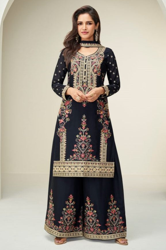 Black Chinon Silk Designer Embroidered Palazzo Suits for Wedding with Thread and Sequins Work