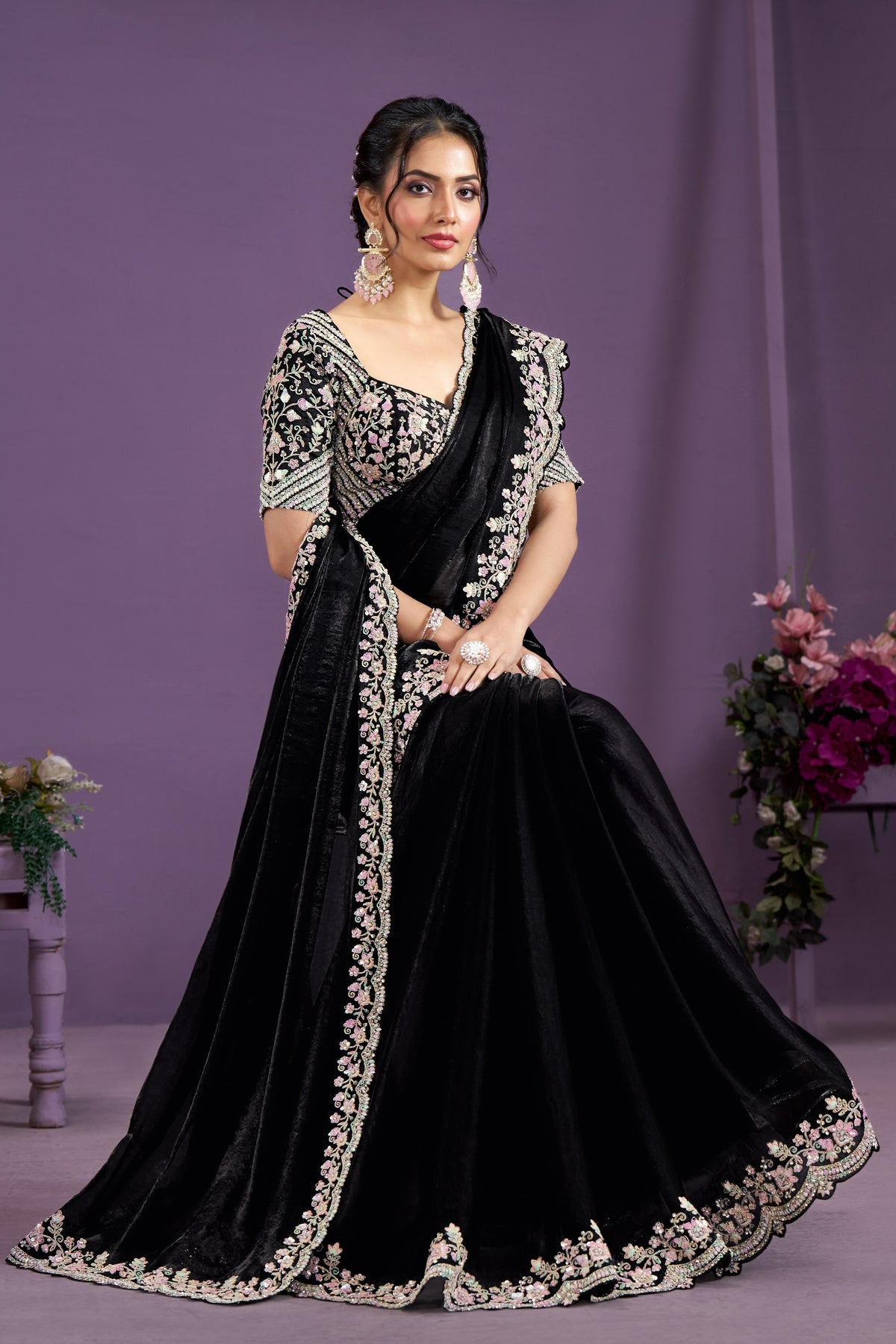 Black Double Tone Satin Silk Saree With Stitched Blouse For Indian & Pakistani Wedding Festival - Sequence Embroidery Work, Hand Work