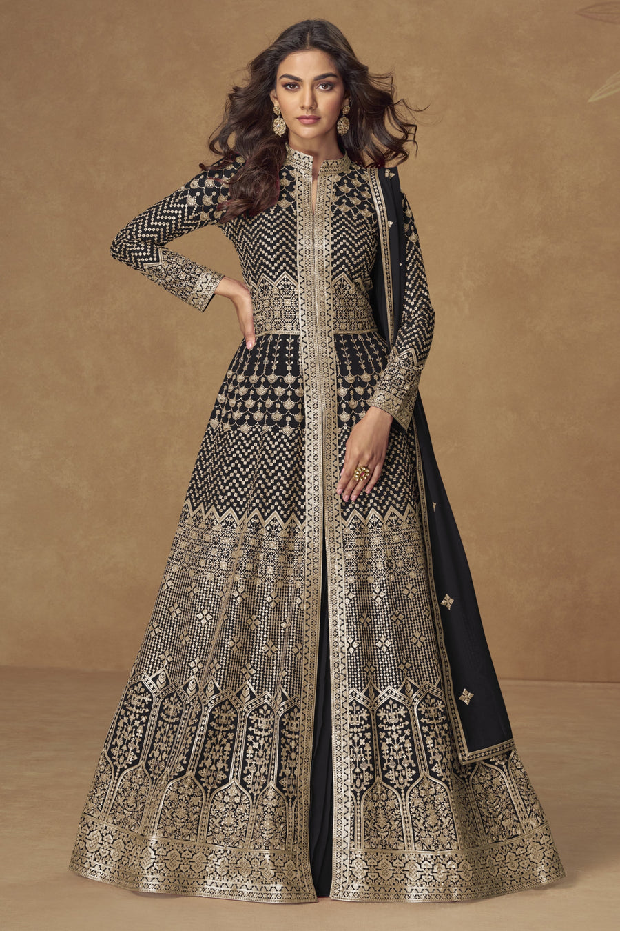 Black Georgette Anarkali With Skirt For Indian & Pakistani Wedding Festival - Thread Embroidery Work, Embroidery Work