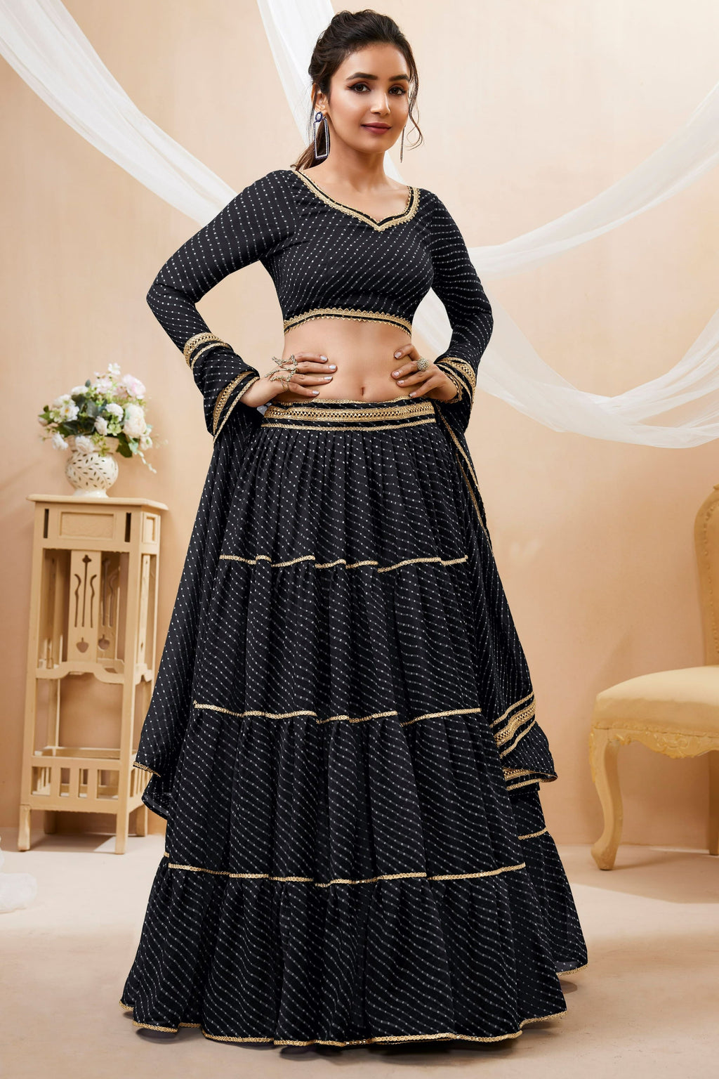 Black Georgette Full Sleeve Lehenga Choli For Indian & Pakistani Wedding Festival - Print Work