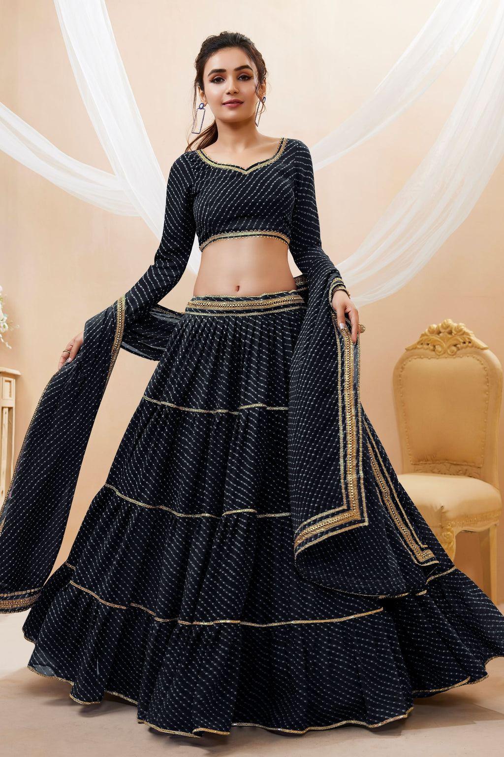 Black Georgette Full Sleeve Lehenga Choli For Indian & Pakistani Wedding Festival - Print Work