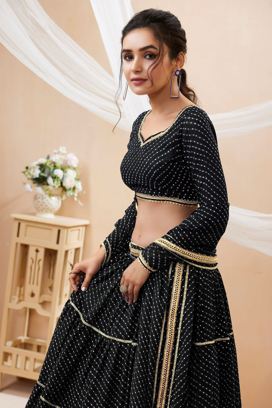 Black Georgette Full Sleeve Lehenga Choli For Indian & Pakistani Wedding Festival - Print Work