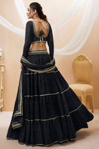 Black Georgette Full Sleeve Lehenga Choli For Indian & Pakistani Wedding Festival - Print Work