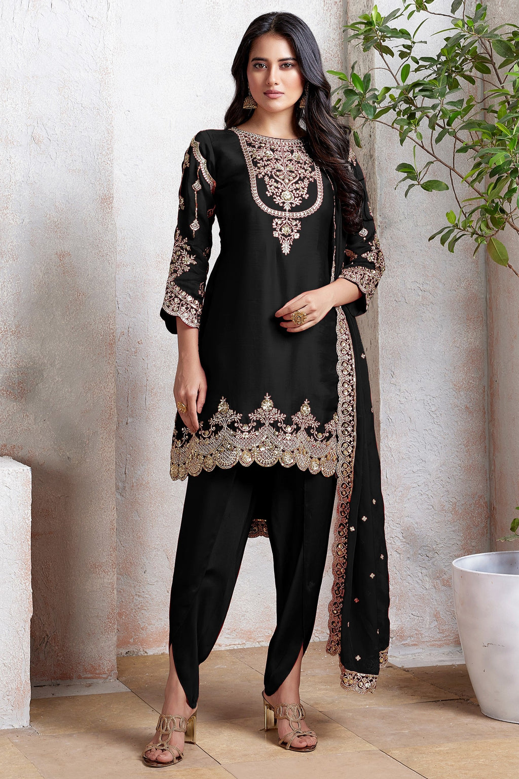 Black Georgette Kameez With Dhoti Suit For Indian & Pakistani Wedding Festival - Thread & Sequence Embroidery