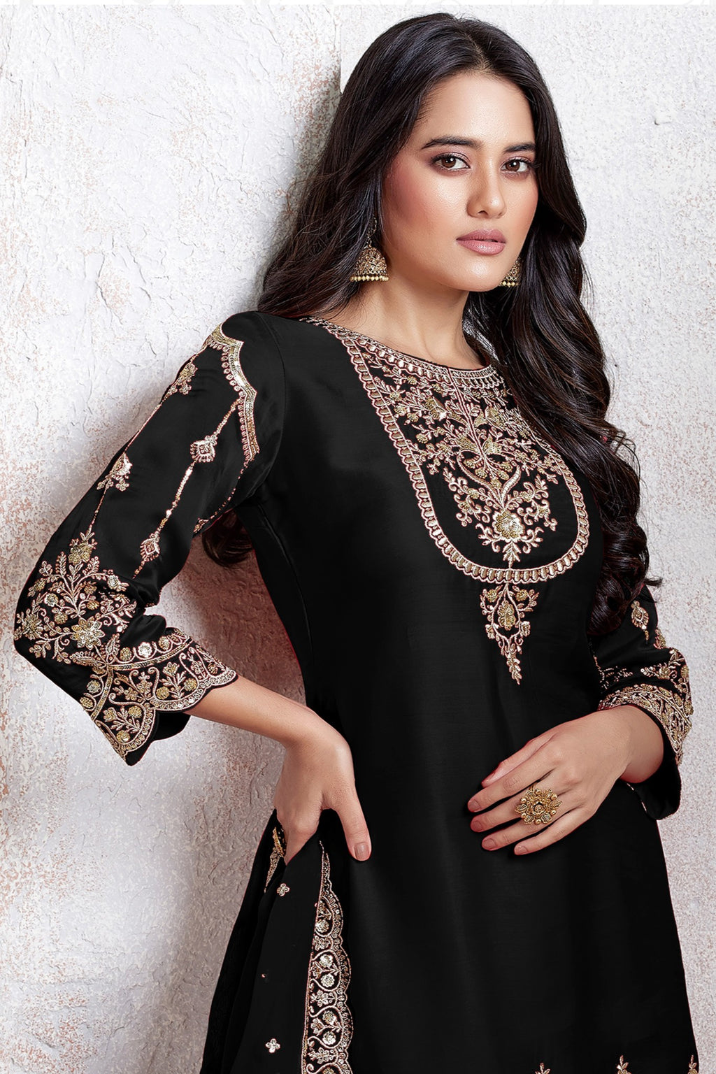 Black Georgette Kameez With Dhoti Suit For Indian & Pakistani Wedding Festival - Thread & Sequence Embroidery