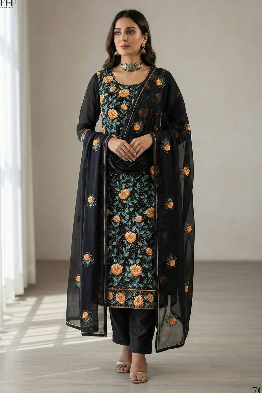 Black Georgette Kameez With Pant For Indian & Pakistani Wedding Festival - Thread & Sequins Embroidery Work