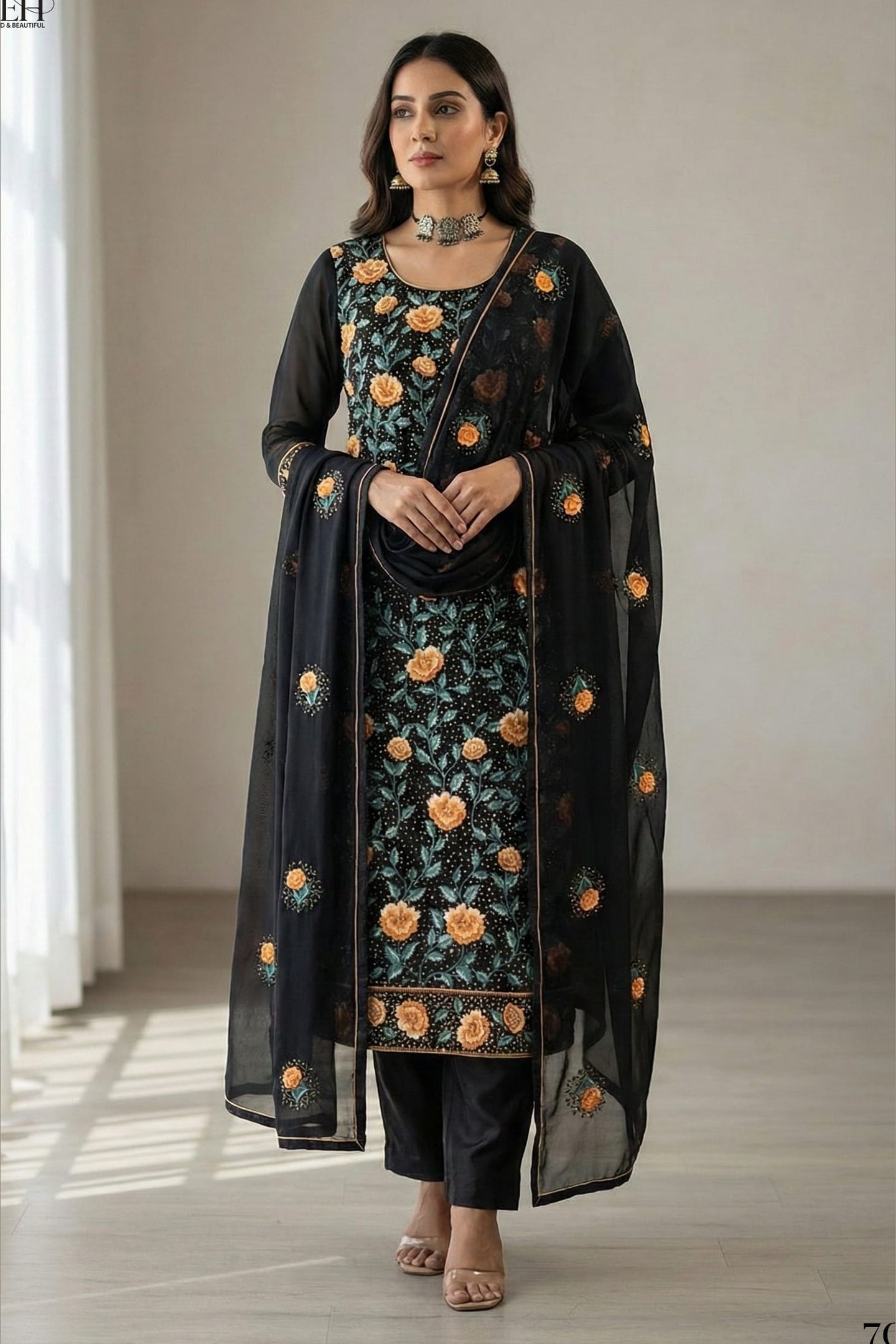 Black Georgette Kameez With Pant For Indian & Pakistani Wedding Festival - Thread & Sequins Embroidery Work