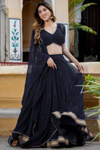 Black Georgette Lengha Choli For Indian Festivals & Pakistani Weddings Dress - Print Work
