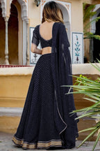Black Georgette Lengha Choli For Indian Festivals & Pakistani Weddings Dress - Print Work