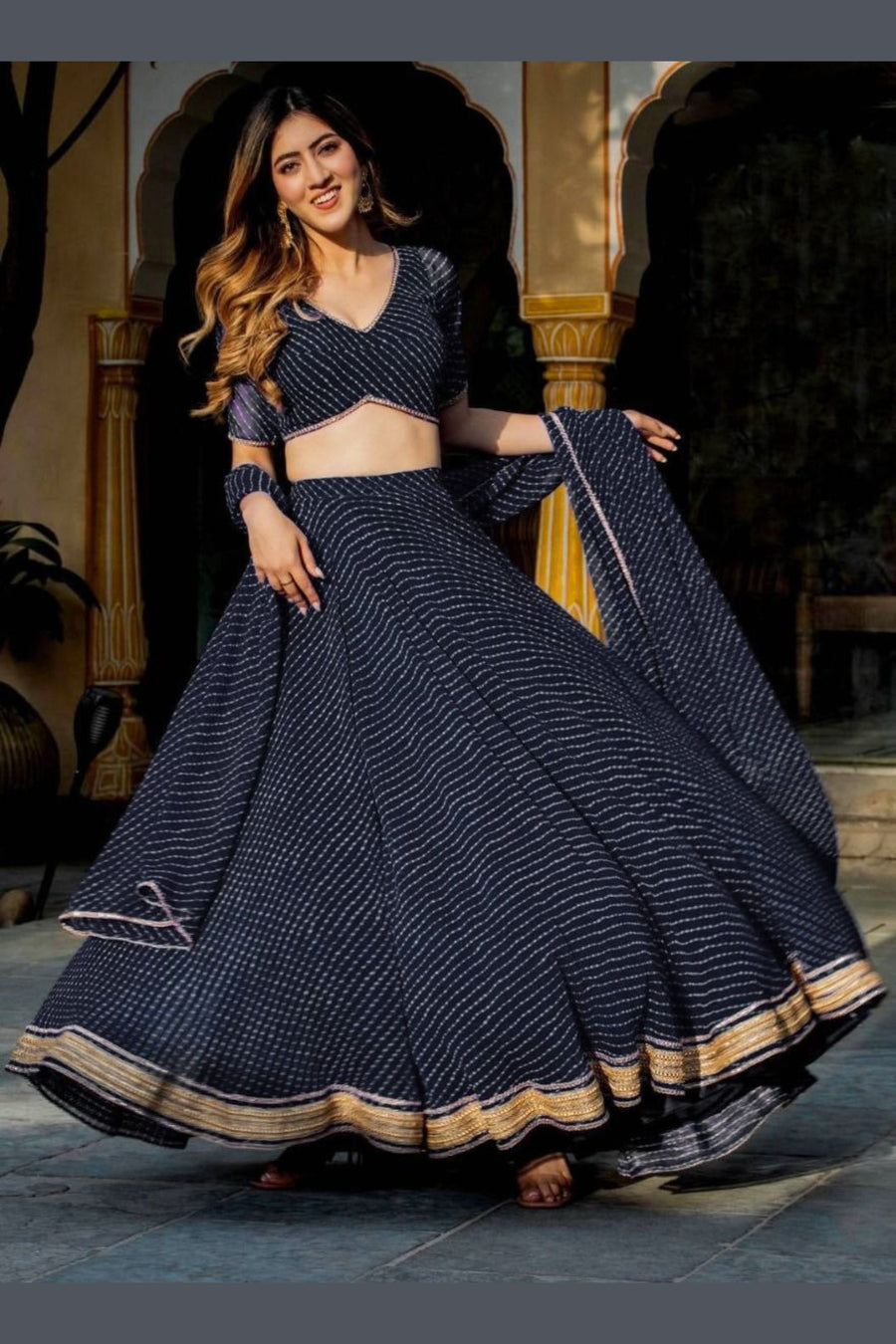Black Georgette Lengha Choli For Indian Festivals & Pakistani Weddings Dress - Print Work