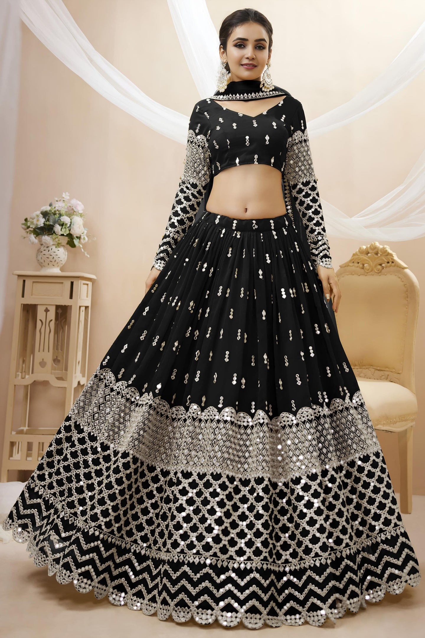 Black Georgette Lehenga Choli For Indian & Pakistani Wedding Festival - Sequins & Thread Embroidery Work, Zari Work