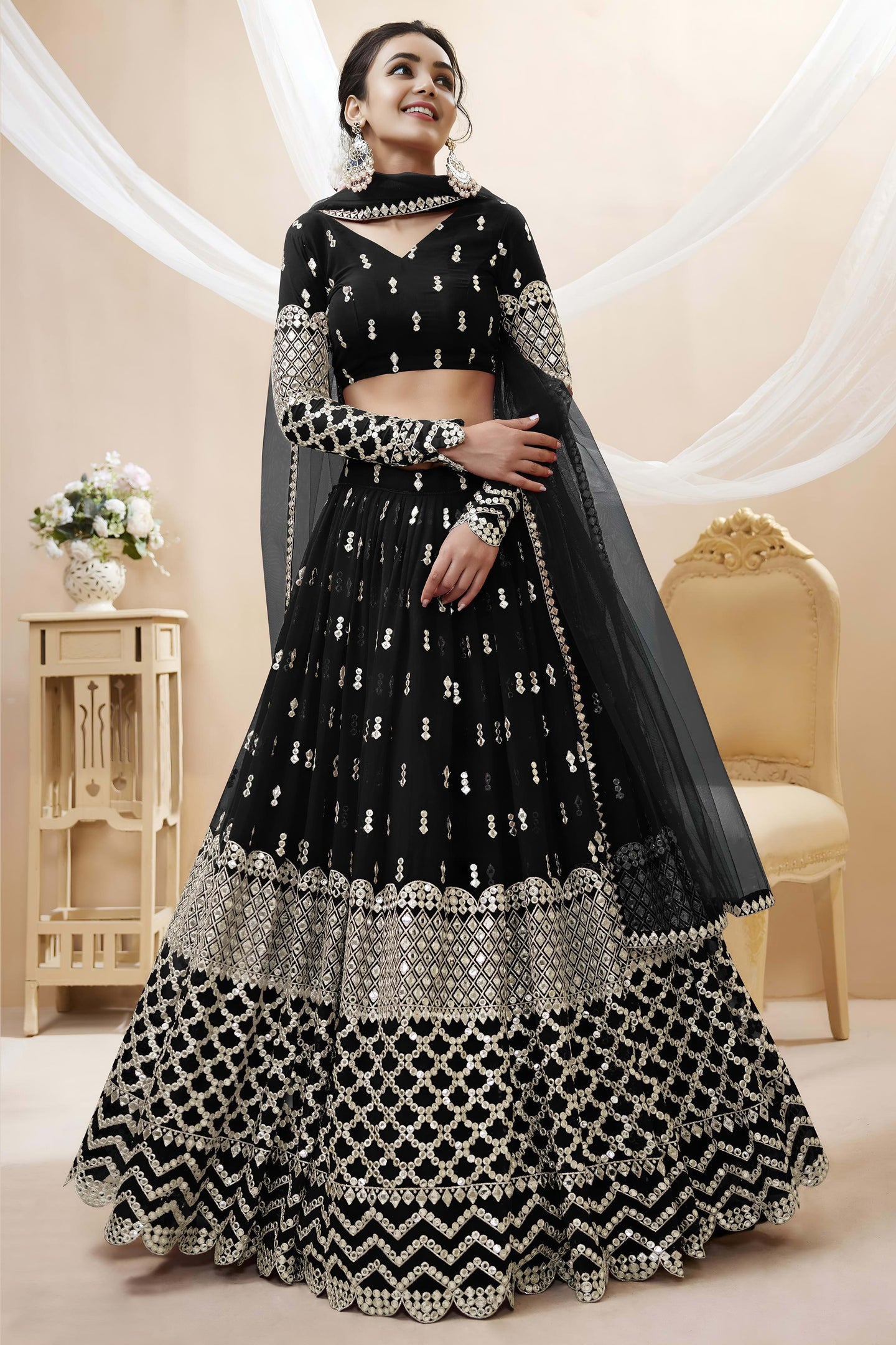 Black Georgette Lehenga Choli For Indian & Pakistani Wedding Festival - Sequins & Thread Embroidery Work, Zari Work