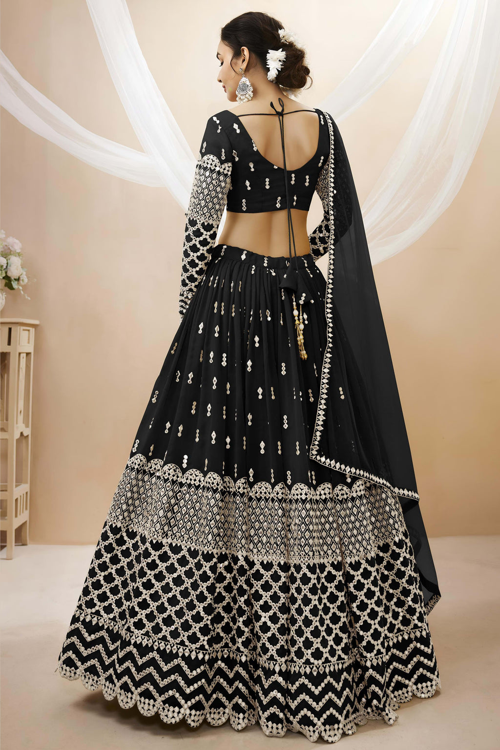 Black Georgette Lehenga Choli For Indian & Pakistani Wedding Festival - Sequins & Thread Embroidery Work, Zari Work