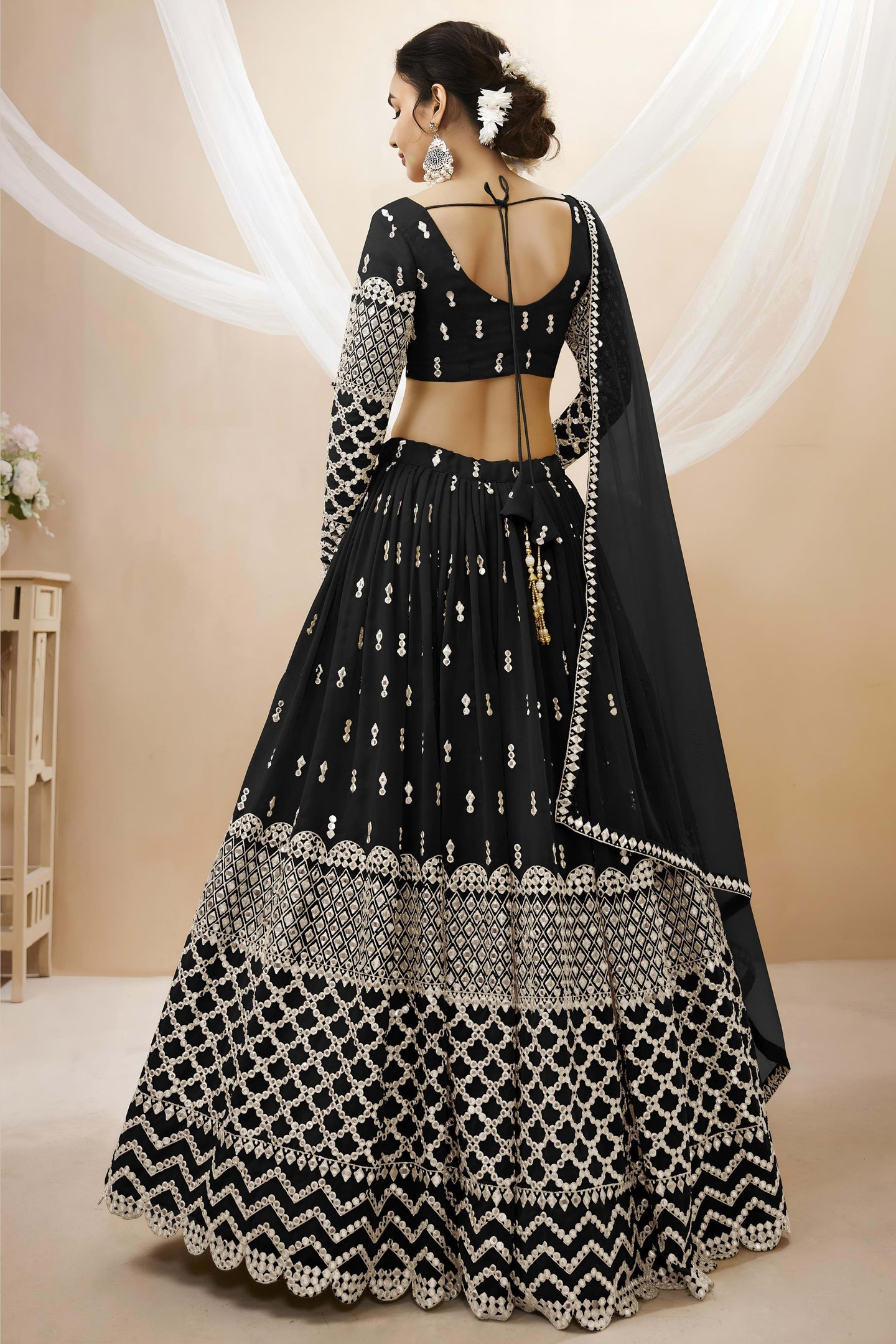 Black Georgette Lehenga Choli For Indian & Pakistani Wedding Festival - Sequins & Thread Embroidery Work, Zari Work