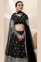 Black Georgette Lehenga Choli For Indian & Pakistani Wedding Festival - Sequins & Thread Embroidery Work, Zari Work