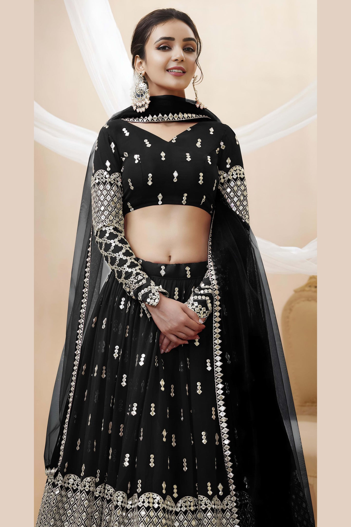 Black Georgette Lehenga Choli For Indian & Pakistani Wedding Festival - Sequins & Thread Embroidery Work, Zari Work