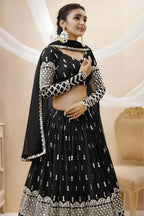 Black Georgette Lehenga Choli For Indian & Pakistani Wedding Festival - Sequins & Thread Embroidery Work, Zari Work