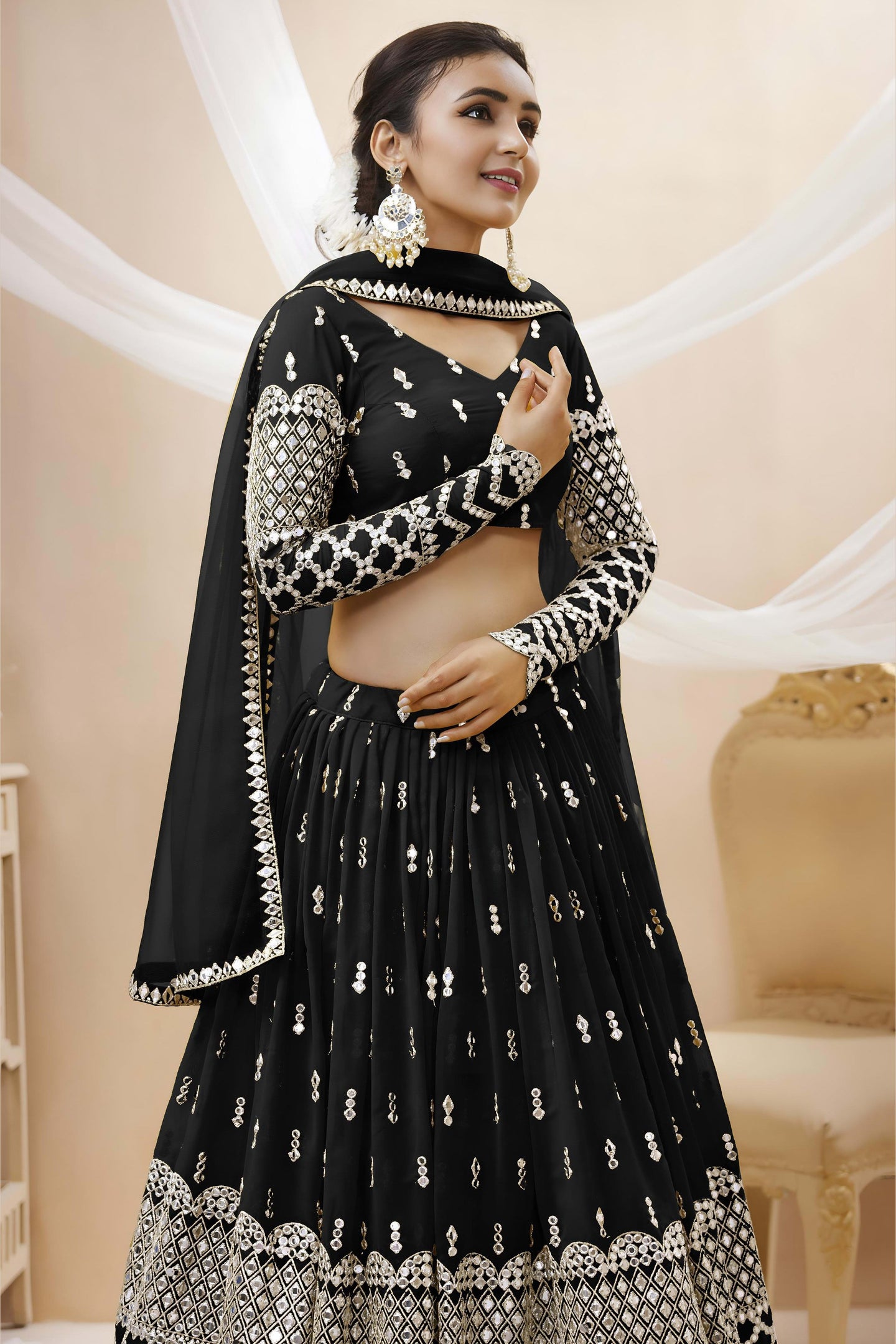 Black Georgette Lehenga Choli For Indian & Pakistani Wedding Festival - Sequins & Thread Embroidery Work, Zari Work