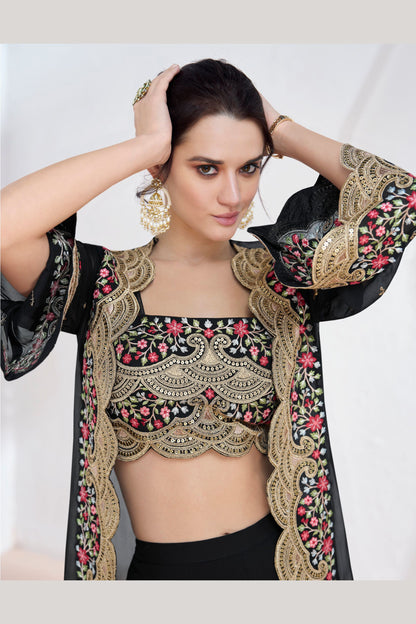 Black Georgette Lehenga Choli with Koti For Wedding & Indian Festival - Embroidery Work