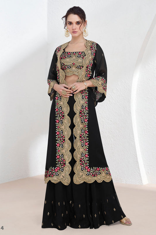 Black Georgette Lehenga Choli with Koti For Wedding & Indian Festival - Embroidery Work