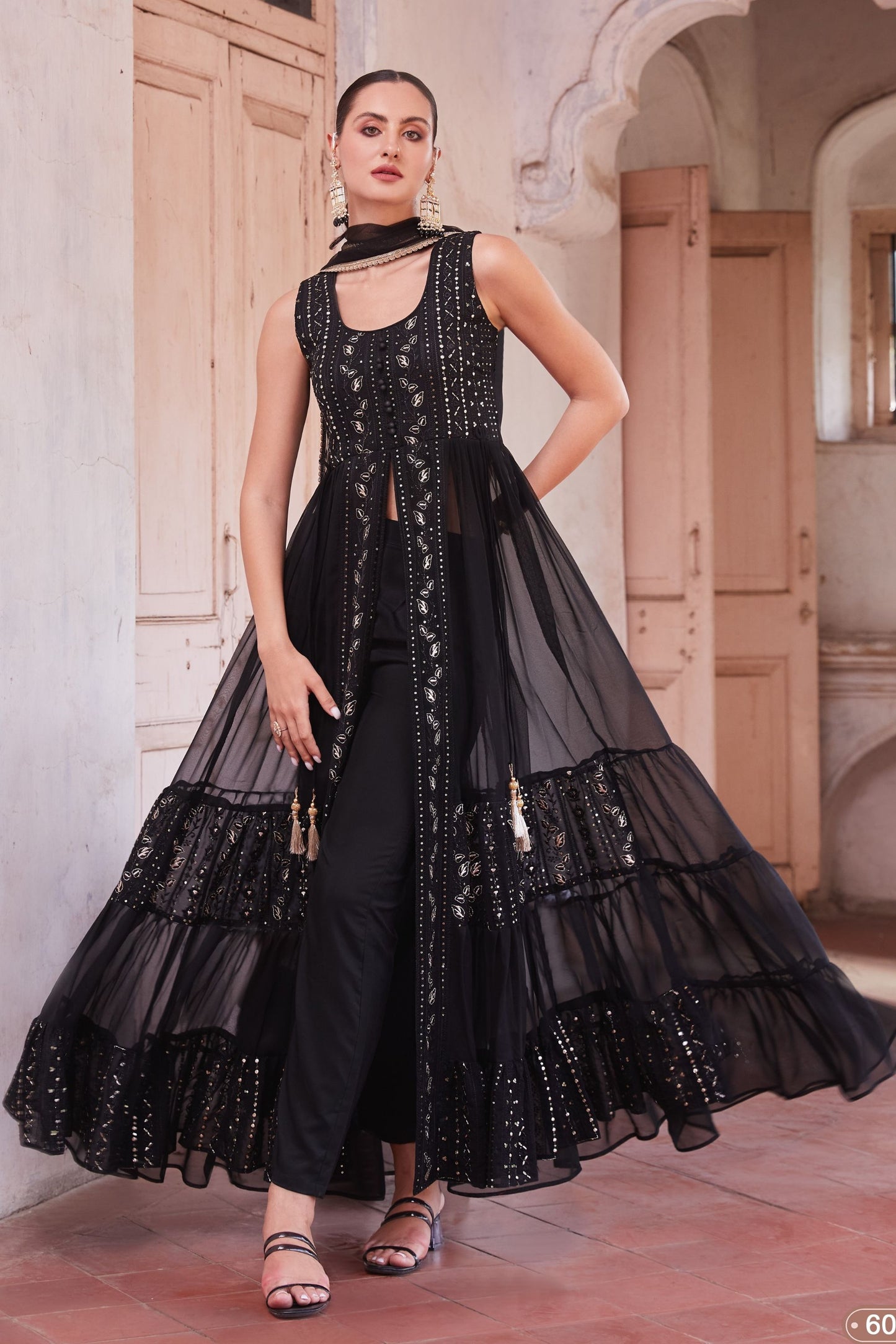 Black Georgette Long Anarkali with Front Slit and Pant For Indian Festivals & Weddings - Thread & Sequence Embroidery Work, Zari Work