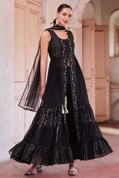 Black Georgette Long Anarkali with Front Slit and Pant For Indian Festivals & Weddings - Thread & Sequence Embroidery Work, Zari Work