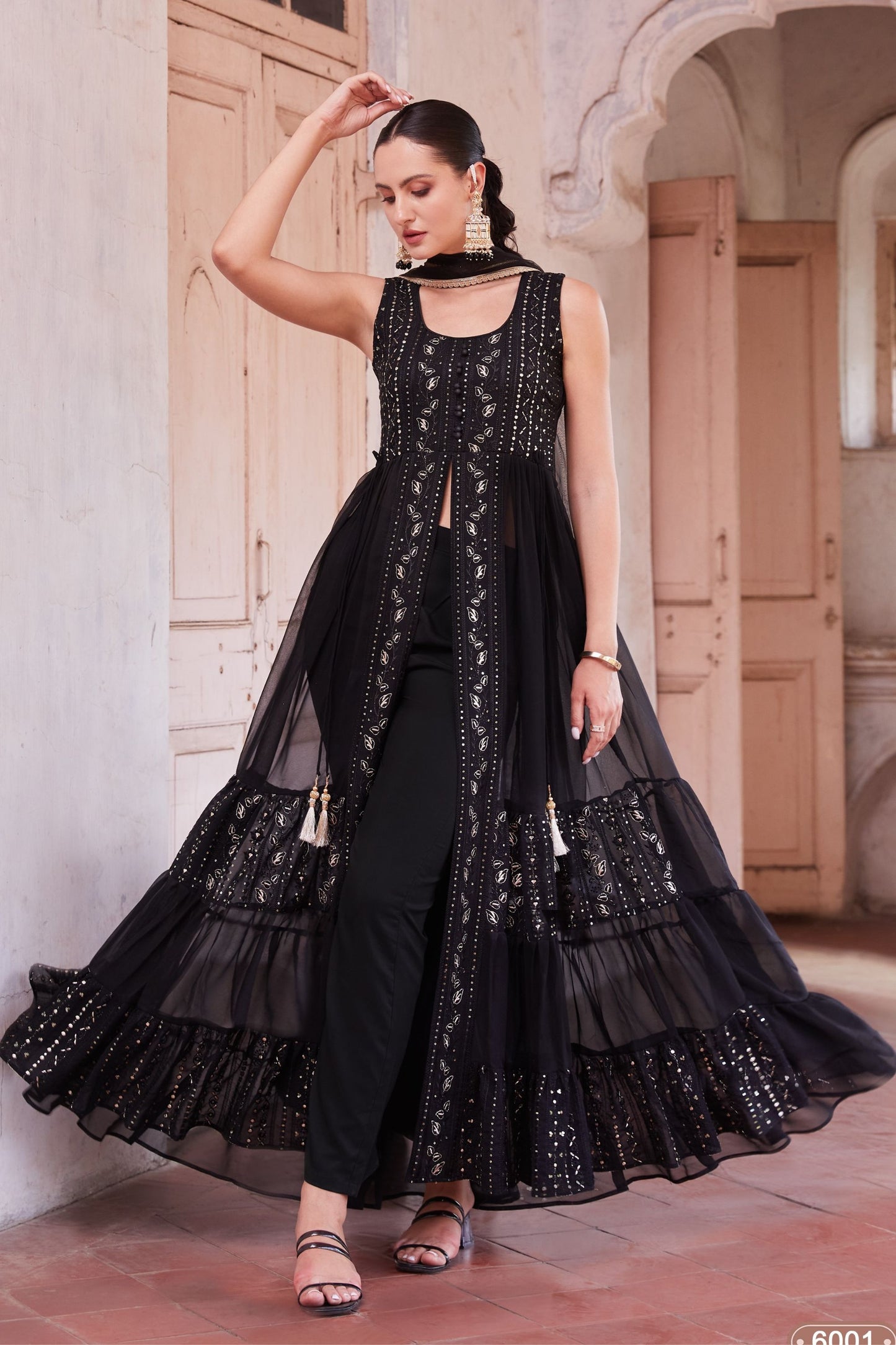 Black Georgette Long Anarkali with Front Slit and Pant For Indian Festivals & Weddings - Thread & Sequence Embroidery Work, Zari Work