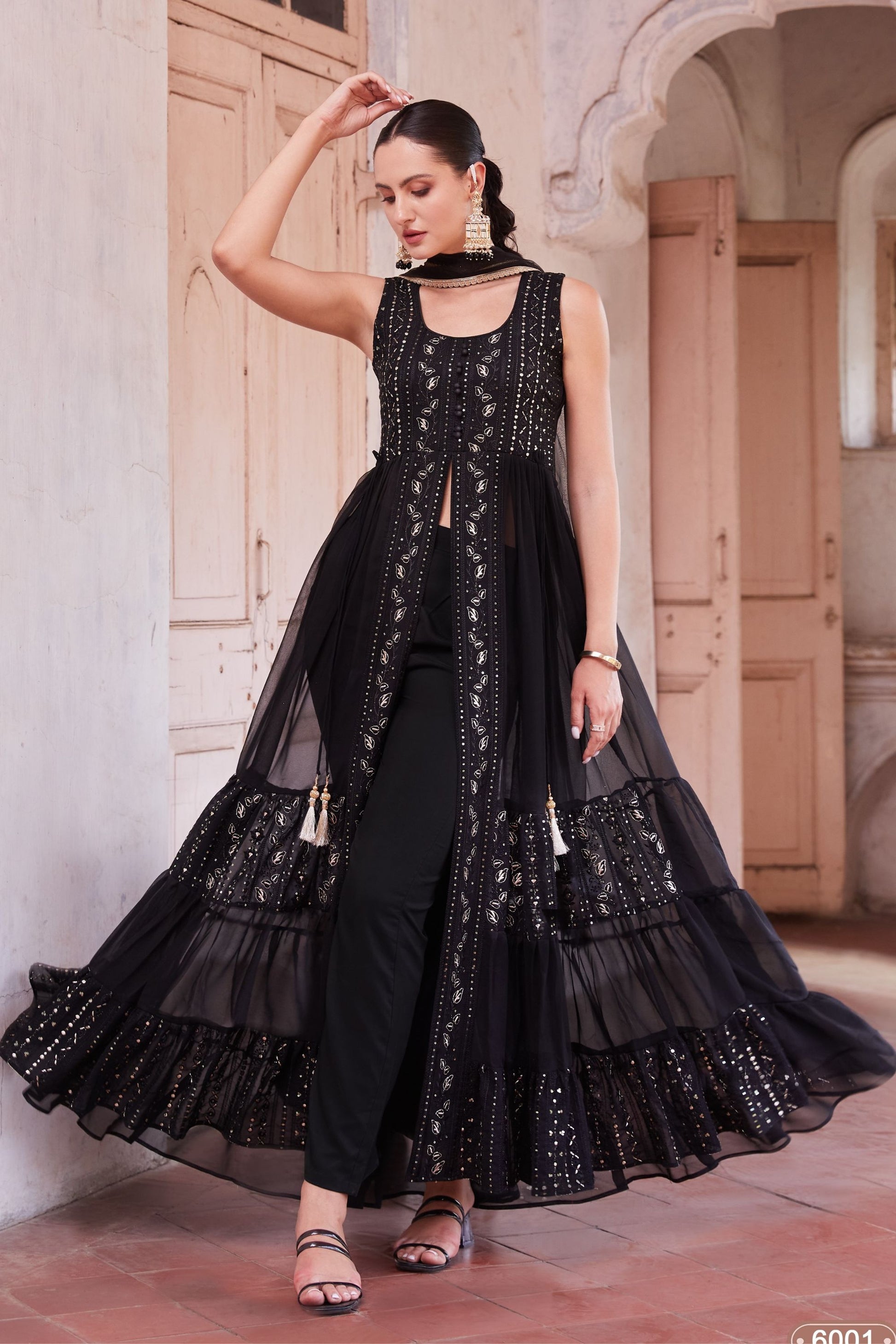Black Georgette Anarkali with Front Slit and Pant for Indian Dresses For Marriage Thread Sequence Embroidery Work, Zari Work