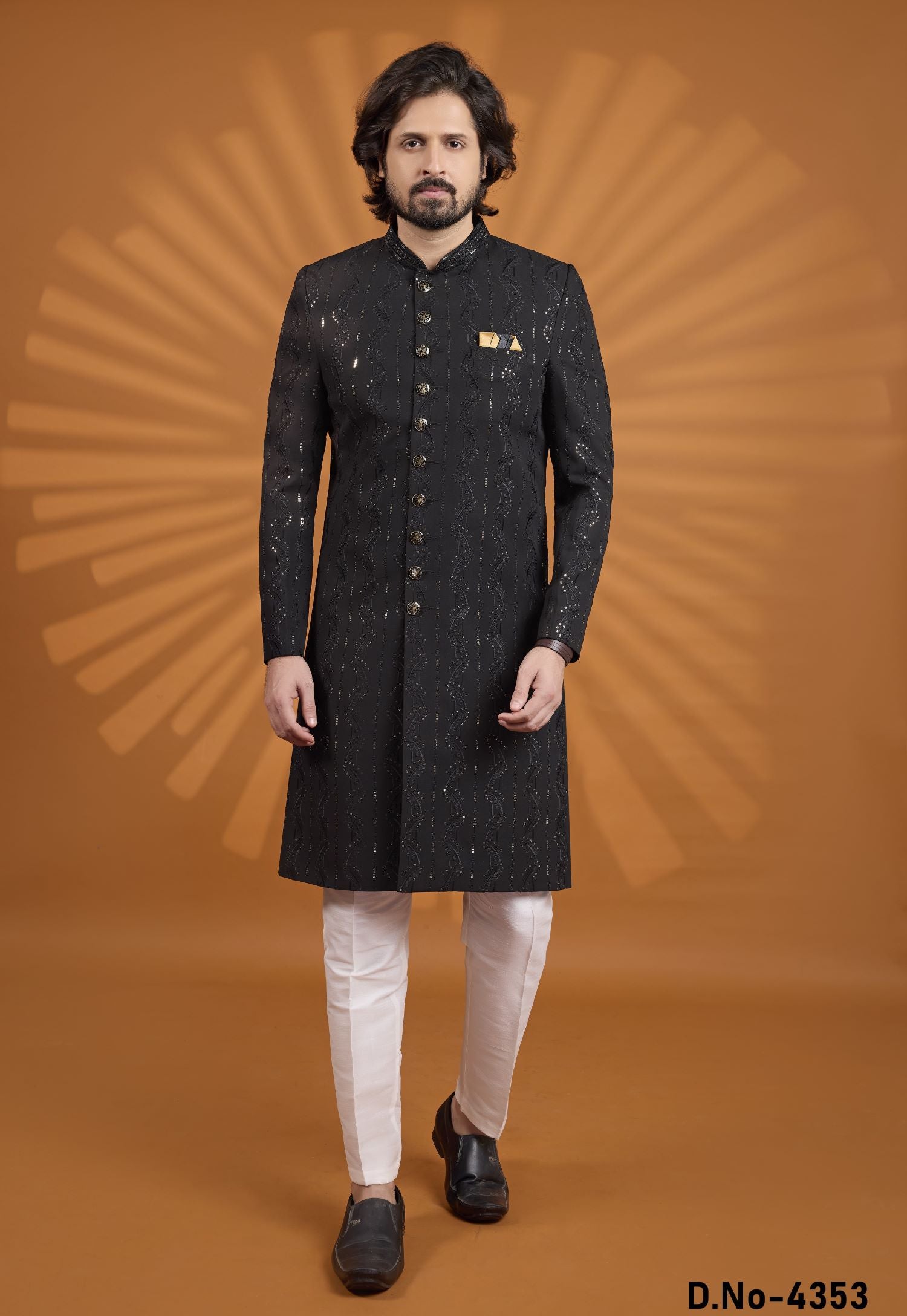 Black Georgette Mens Indian Wedding Attire Kurta Pajama with Embroidery