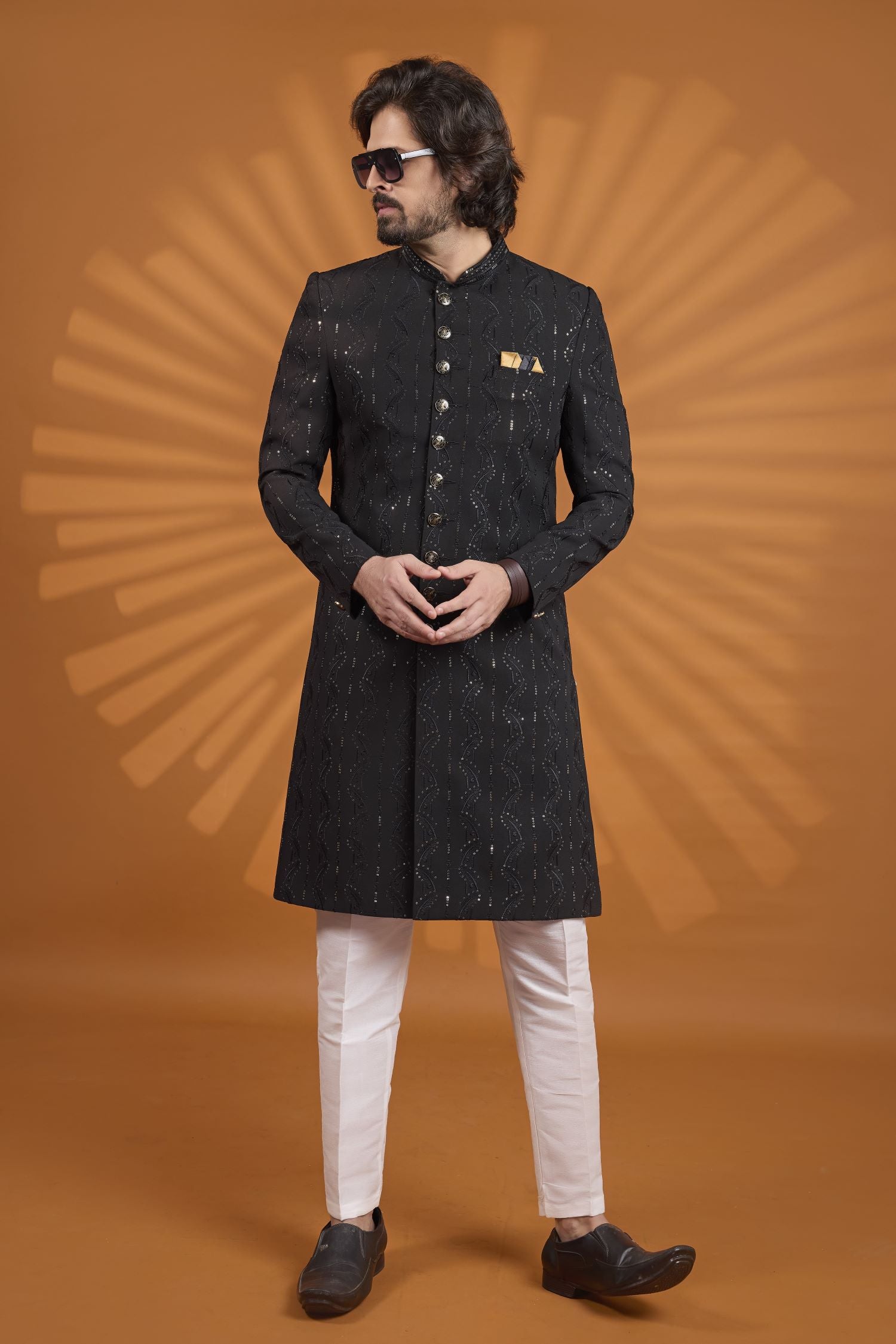 Black Georgette Mens Indian Wedding Attire Kurta Pajama with Embroidery