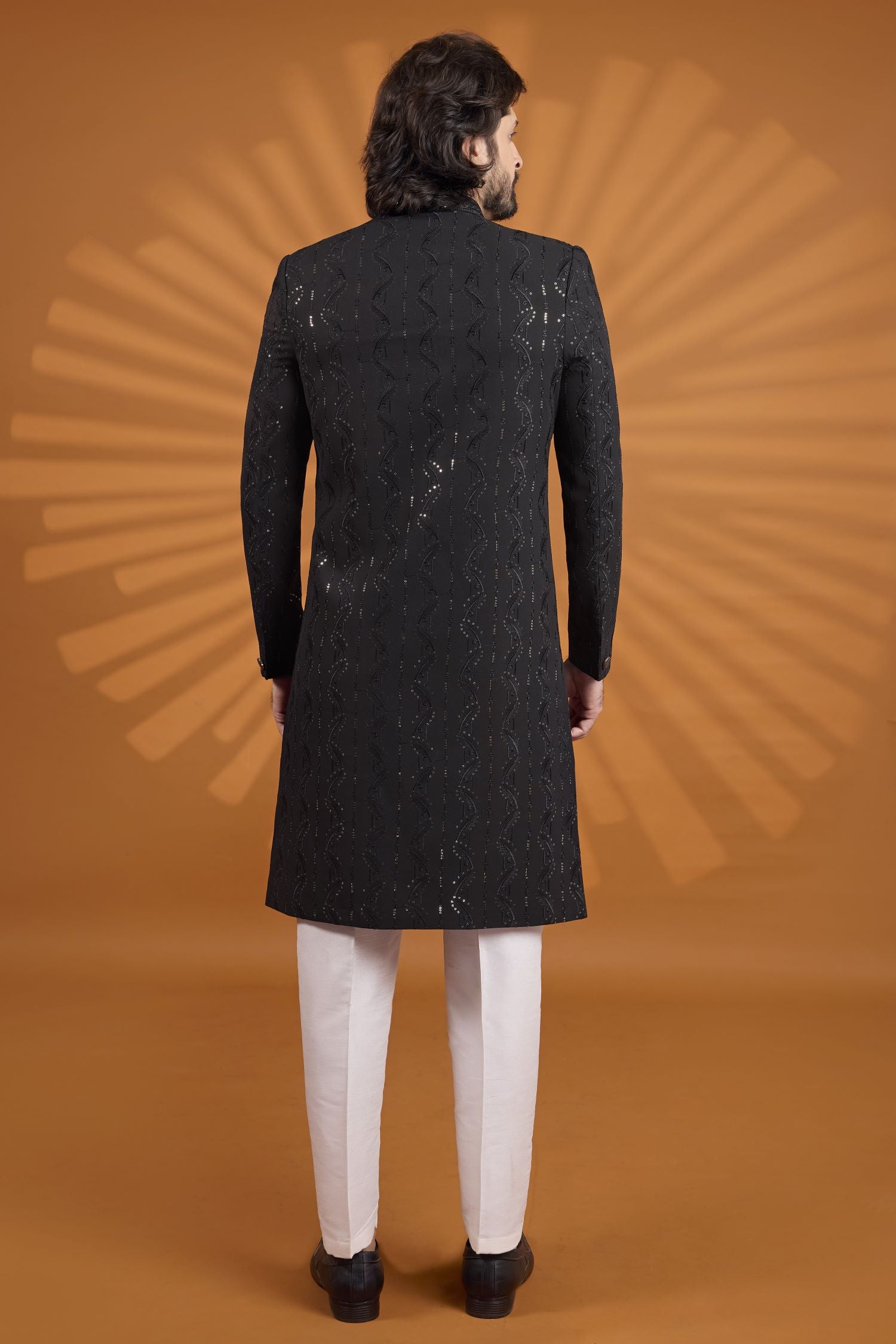 Black Georgette Mens Indian Wedding Attire Kurta Pajama with Embroidery