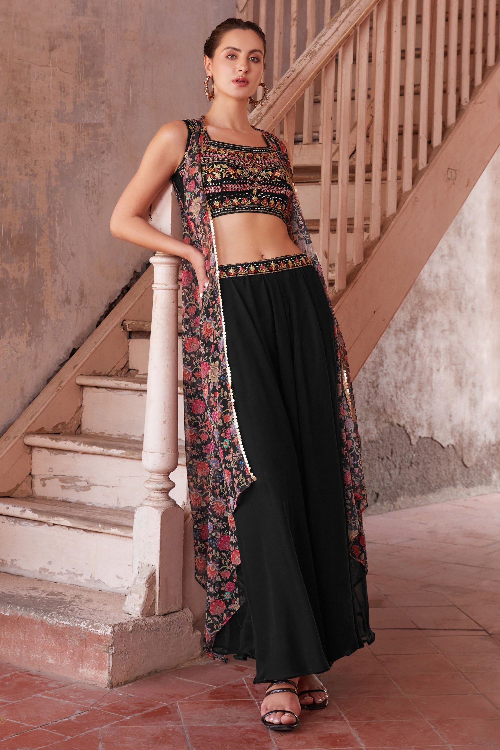 Black Georgette Sharara Choli For Indian Festivals & Weddings - Thread Embroidery Work, Hand Embellishment, Mirror Work