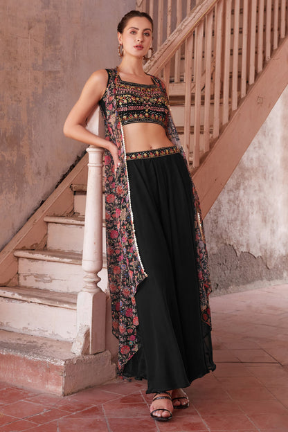 Black Georgette Sharara Choli For Indian Festivals & Weddings - Thread Embroidery Work, Hand Embellishment, Mirror Work