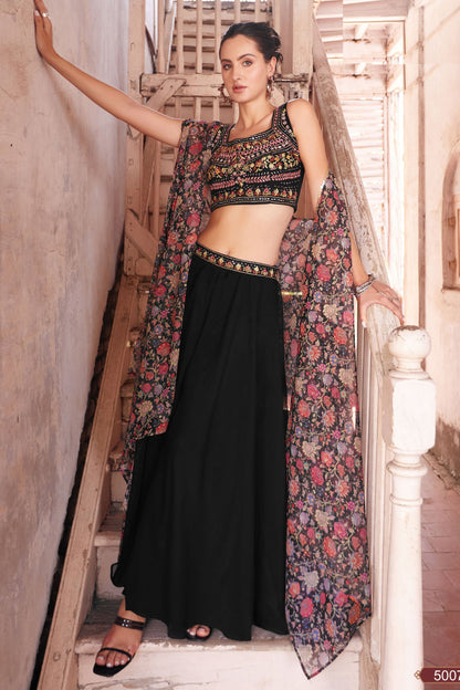 Black Georgette Sharara Choli For Indian Festivals & Weddings - Thread Embroidery Work, Hand Embellishment, Mirror Work