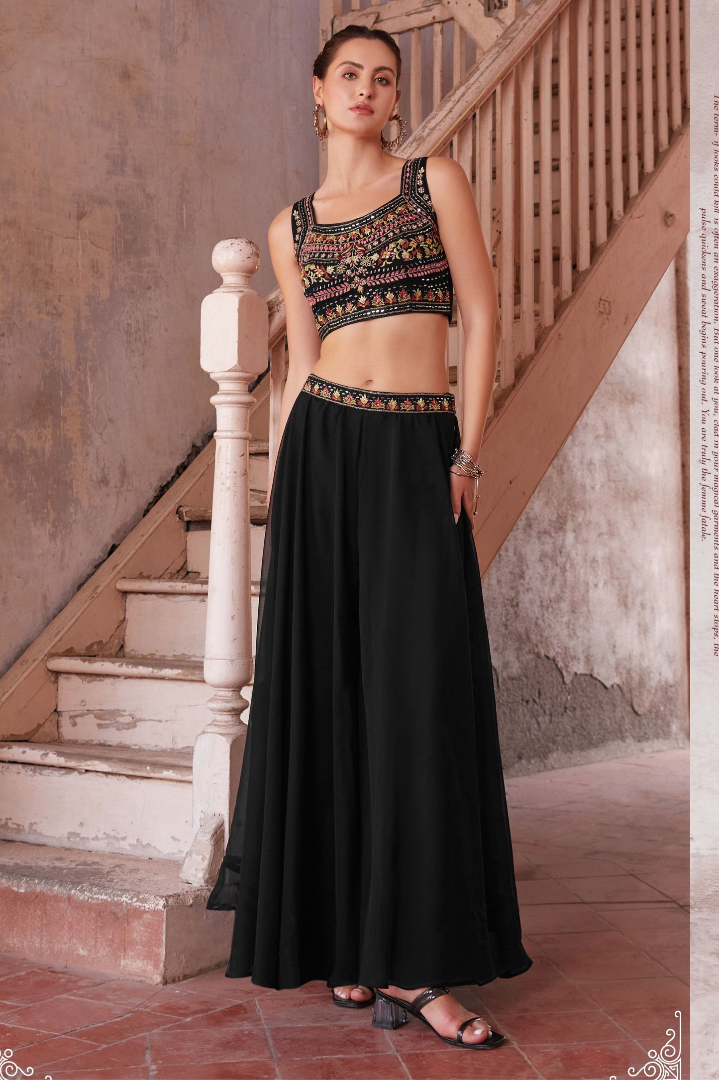 Black Georgette Sharara Choli For Indian Festivals & Weddings - Thread Embroidery Work, Hand Embellishment, Mirror Work