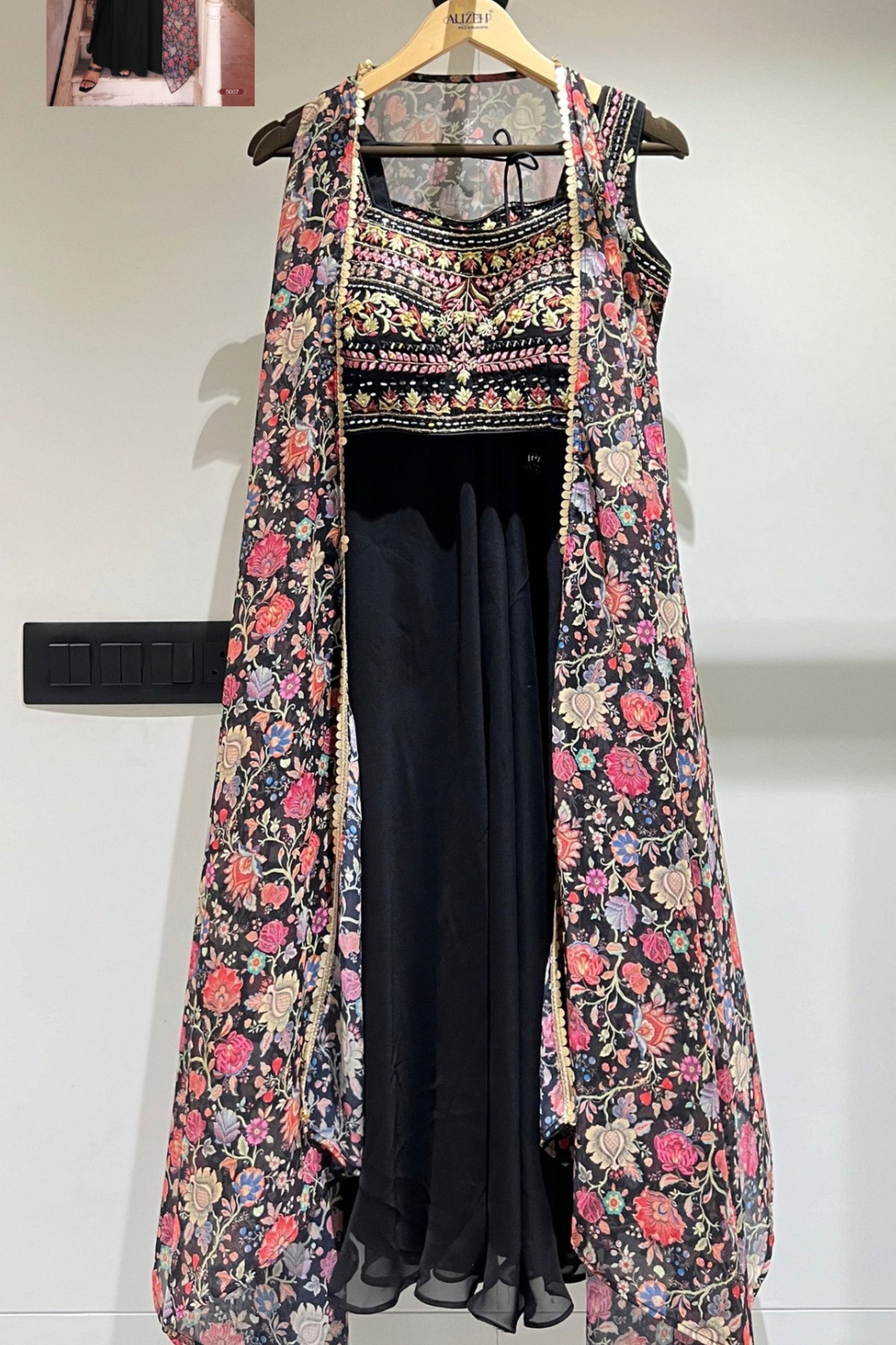 Black Georgette Sharara Choli For Indian Festivals & Weddings - Thread Embroidery Work, Hand Embellishment, Mirror Work